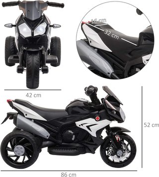Moto Eléctrica para Niños 3-5 Años Máx. 25Kg Con Luces, Música, Batería 6V Y Velocidad 3Km/H, 86X42X52 Cm, Negro