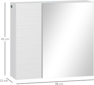 Mueble de Baño con Espejo, 2 Puertas y Estantes Regulables, Espejo de Baño Contenedor en Aglomerado y Vidrio, Diseño de Pared, 48X15X45 Cm, Blanco