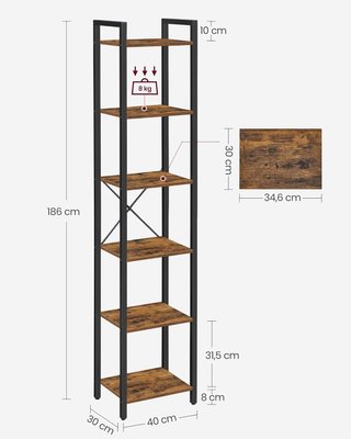 Estantería de 6 Niveles, Librería para Oficina, Estudio, Sala de Estar, Dormitorio, 30 X 40 X 186 Cm, Estilo Industrial, Marrón Vintage y Negro Tinta LLS101B01