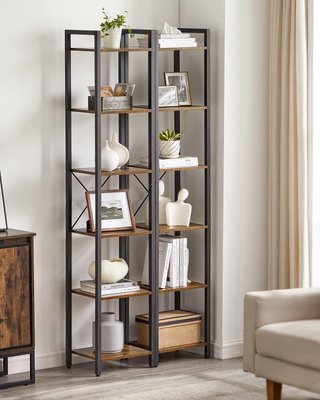 Estantería de 6 Niveles, Librería para Oficina, Estudio, Sala de Estar, Dormitorio, 30 X 40 X 186 Cm, Estilo Industrial, Marrón Vintage y Negro Tinta LLS101B01