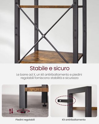 Estantería de 6 Niveles, Librería para Oficina, Estudio, Sala de Estar, Dormitorio, 30 X 40 X 186 Cm, Estilo Industrial, Marrón Vintage y Negro Tinta LLS101B01