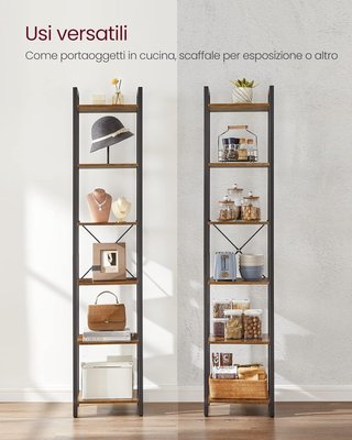 Estantería de 6 Niveles, Librería para Oficina, Estudio, Sala de Estar, Dormitorio, 30 X 40 X 186 Cm, Estilo Industrial, Marrón Vintage y Negro Tinta LLS101B01