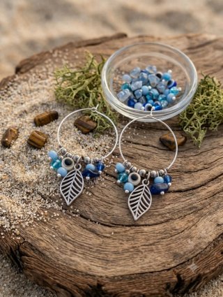 Pendientes Aro Hojas y Cuentas Azules