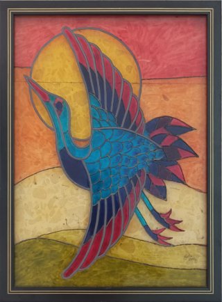 Cuadro antiguo vidriera pájaro sol