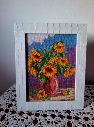 Cuadro Punto de Cruz Girasoles Marco Blanco
