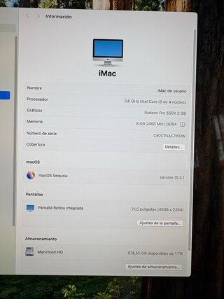 iMac 21,5. 8 GB RAM, 1 TB HD, iCore 3,6 GHz. 2019