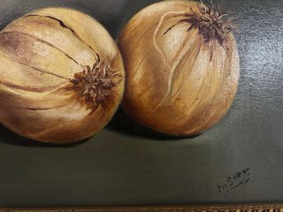 Cuadro bodegón antiguo jarrón y cebollas