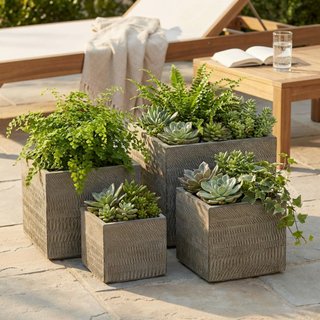 Set 4 Vasi da Esterno Quadrati Effetto Pietra