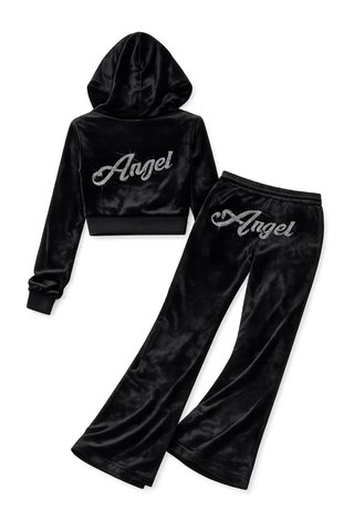 Conjunto Velour Negro Angel Crop Hoodie y Pantalón