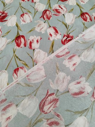 Tela loneta estampado tulipanes fondo verde tiza