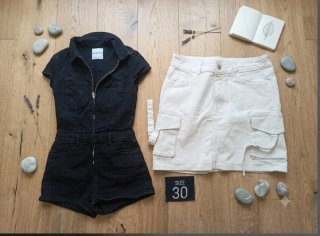 Mono negro Bershka y falda blanca