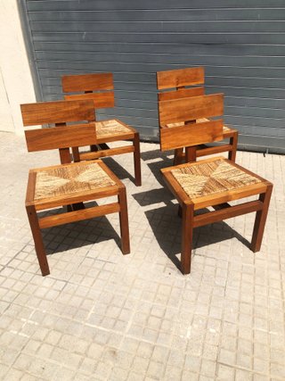 Sillas diseño vintage madera y yute midcentury