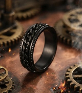 Anillo Acero Negro Giratorio Diseño Cadena
