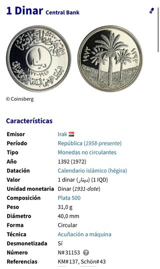 Moneda Plata Irak 1 Dinar 1972. Diámetro 40 mm.