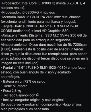 Ordenador portátil Gaming MSI GL62 i5 16GB ram Ssd