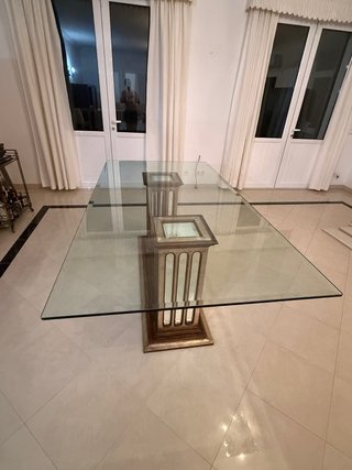 Mesa comedor cristal grande base dorada