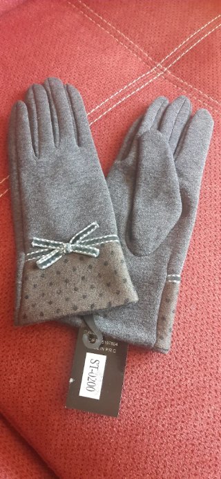 Guantes grises mujer con lazo y lunares