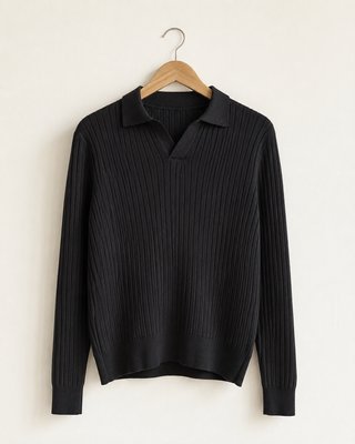 Polo de punto acanalado negro manga larga