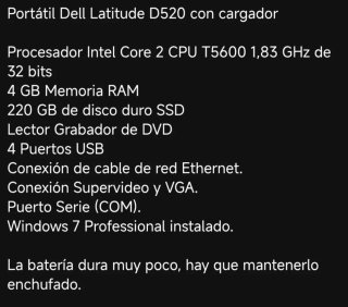 Portátil Dell Latitude D520 con cargador