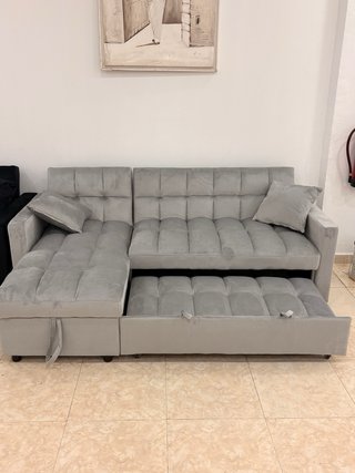 Sofá Cama Chaiselongue Gris Terciopelo