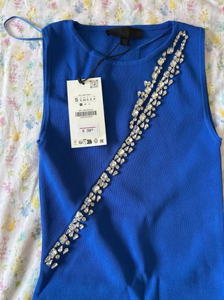 Vestido fiesta Zara azul pedrería Talla S
