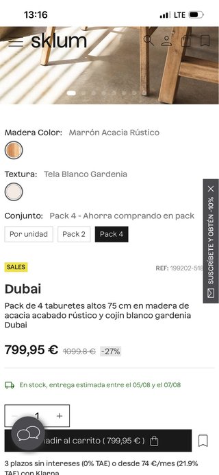 Pack 4 Taburetes Altos Madera Acacia