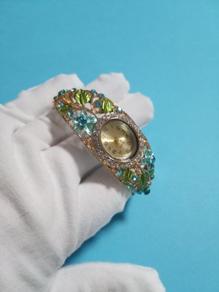 Reloj Pulsera vintage Dorado y Azul Flores