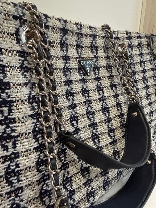 Bolso Shopper Guess Tweed Azul marino y Blanco