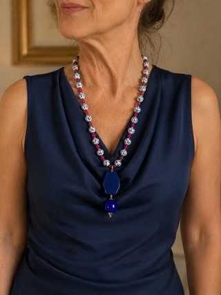 Collana ceramica blu/fucsia 34cm