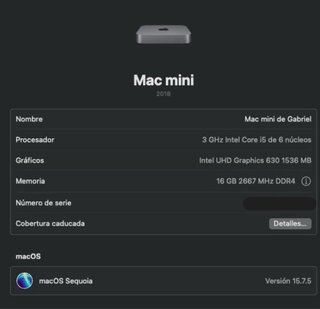 Mac Mini 2018 i5 16GB RAM 500GB Gris Espacial