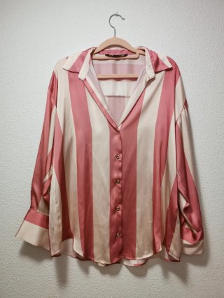 Camisa Zara Rayas Satén Rosa y Blanca