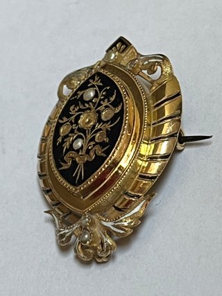 ANTIGUO BROCHE VICTORIANO ORO 18 K ESMALTE PERLAS