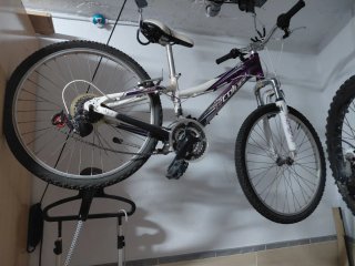 Bicicleta infantil morada y blanca