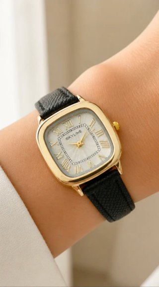 Reloj SKYLINE Mujer Correa Piel Negra y Dorada