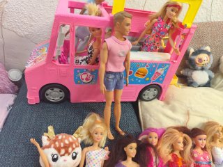 Lote Barbies y amigas más camión rosa