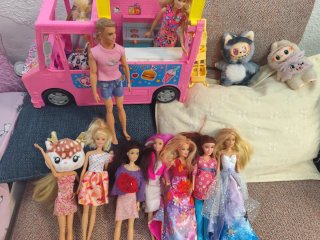 Lote Barbies y amigas más camión rosa