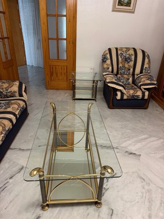 Sofá 2 plazas + 2 sillones tela y madera