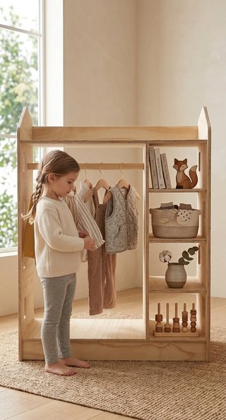 Mueble Montessori infantil perchero y estanteria