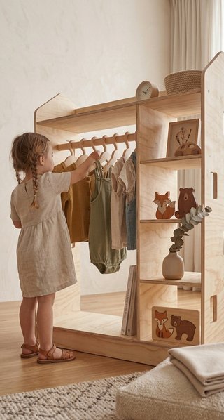 Mueble Montessori infantil perchero y estanteria
