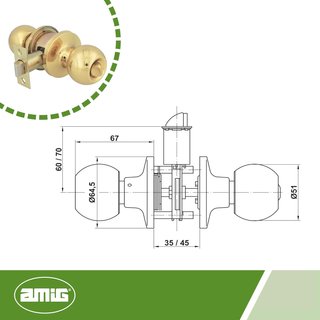 Amig - Juego de pomos tipo bola, Sistema de Emergencia Exterior y Condena Interior, Picaporte de entrada 60/70 mm
