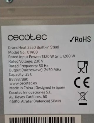 Microondas Cecotec Grandheat 2550 built-in steel