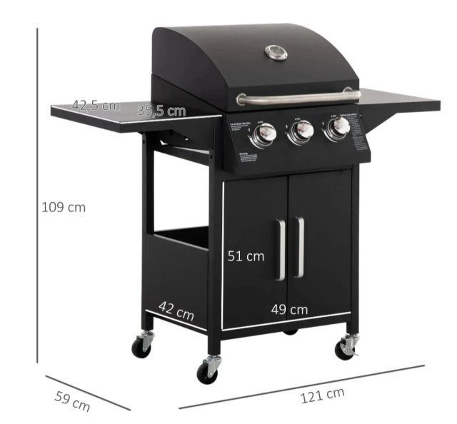 Barbacoa Gas 3 Quemadores Negra