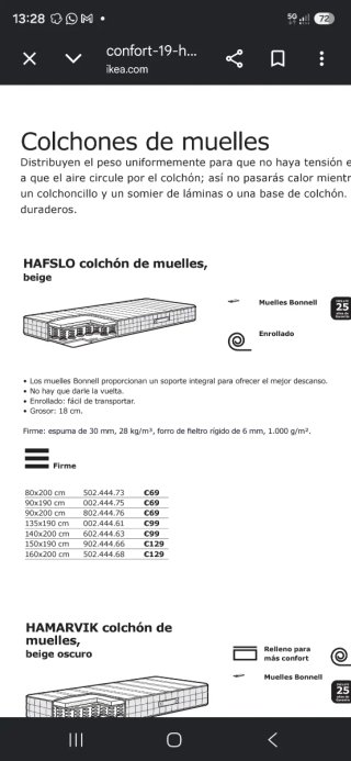 Colchón IKEA HAFSLO 80x200 Muelle. Disponible 2 ud