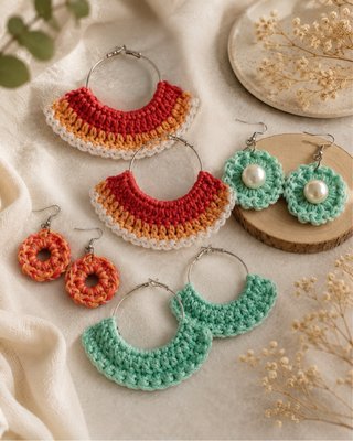 Bolso y pendientes de crochet hechos a mano