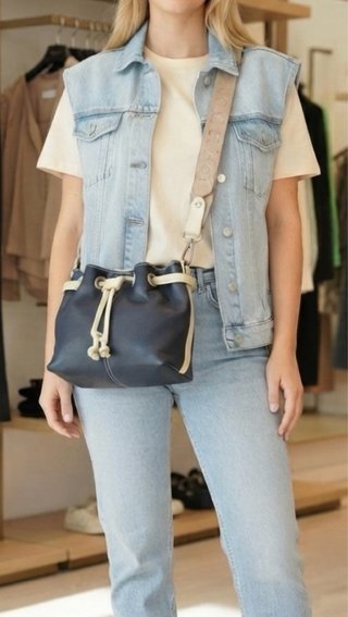 Borsa secchiello in vera pelle blu - Made in Italy