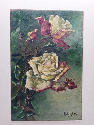 Olio su tavola natura morta con rose