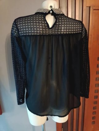 Blusa nera pizzo colletto trasparente TG S/M