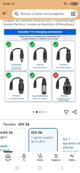 Cargador Jizzu Patinete Eléctrico 42V 3A
