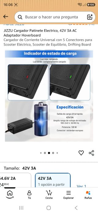 Cargador Jizzu Patinete Eléctrico 42V 3A