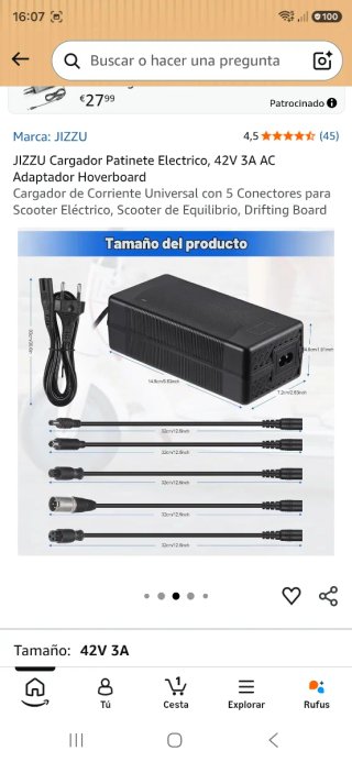 Cargador Jizzu Patinete Eléctrico 42V 3A